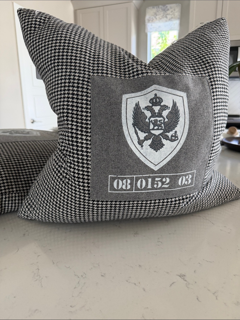 Pair of Houndstooth Decorative Pillows with Crest Patch - Black & White